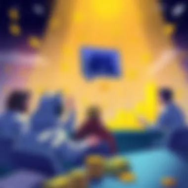 A digital illustration showing a Discord group chat focused on financial discussions, with money symbols and growth graphs included