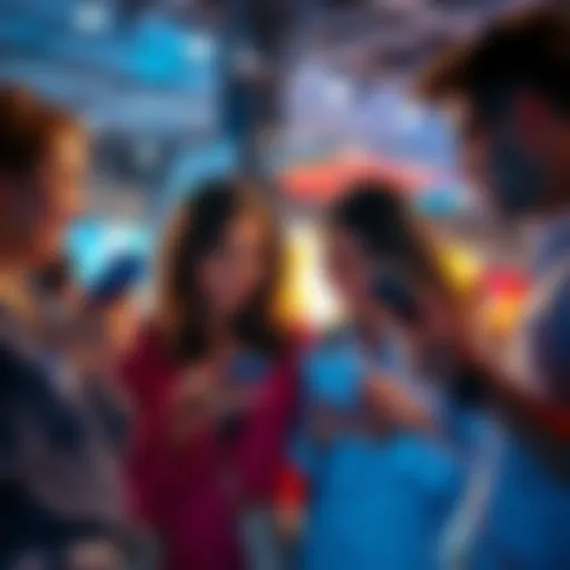 A group of people looking at their phones, sharing discount codes in a lively conversation.