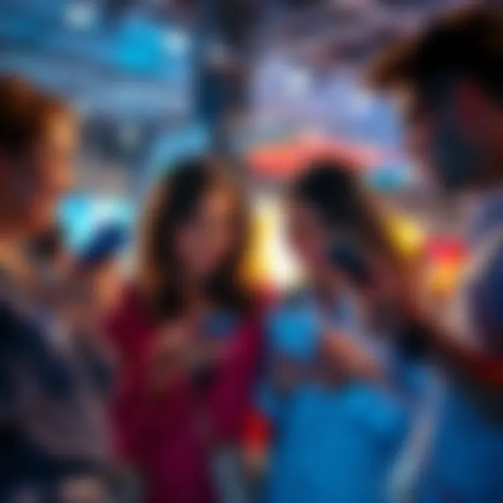 A group of people looking at their phones, sharing discount codes in a lively conversation.