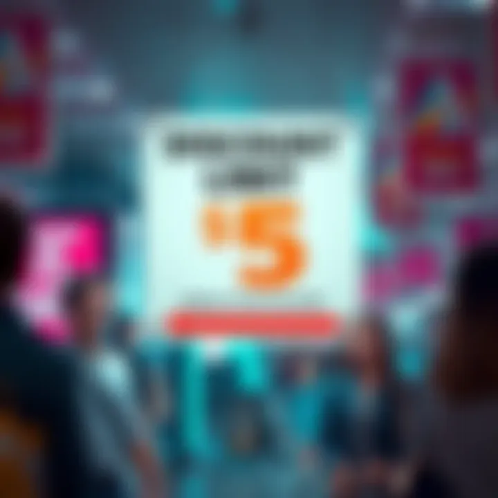 A store sign showing a discount limit of $5, with shoppers looking concerned.