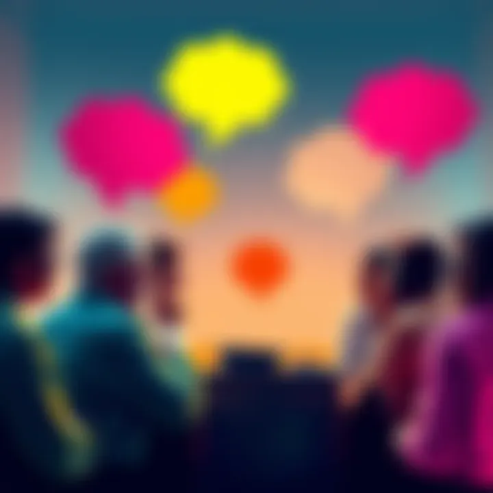 A diverse group of people engaged in a conversation about contemporary challenges, with thought bubbles indicating ideas and reflections.