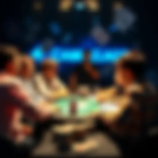 People engaging in a discussion about creating a new forum focused on PLO, with a backdrop of poker cards and chips