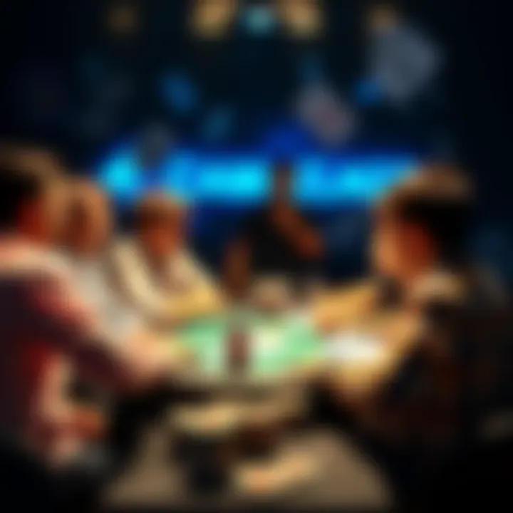 People engaging in a discussion about creating a new forum focused on PLO, with a backdrop of poker cards and chips