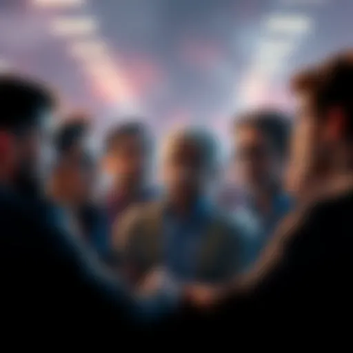 Group of people engaged in a heated discussion about the potential cancellation of Amon, with expressions of concern and curiosity.