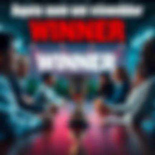 People discussing if someone is a true winner, with a trophy on the table