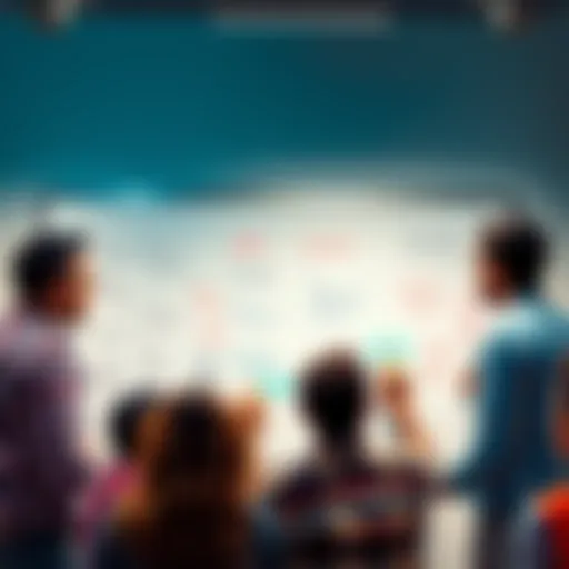 People discussing a new plan with ideas and suggestions on a whiteboard.