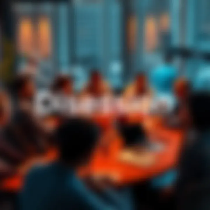 A group of people engaged in lively discussion around a table with laptops and notepads