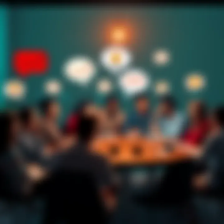 A group of people engaged in a lively debate, sharing different opinions around a table, with speech bubbles depicting various ideas.