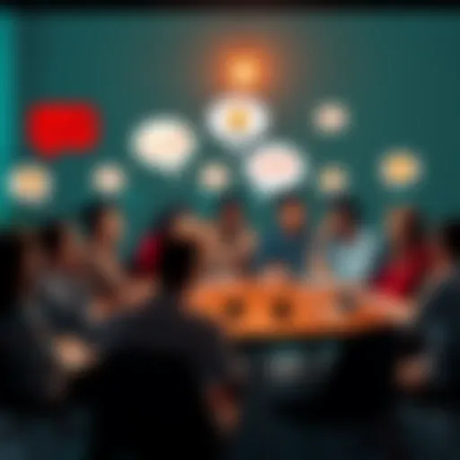 Discussion on ideas and opinions A group of people engaged in a lively debate, sharing different opinions around a table, with speech bubbles depicting various ideas.