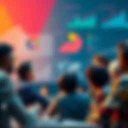 A group of diverse people engaged in a conversation about social and political issues, with charts and graphs in the background illustrating community concerns.