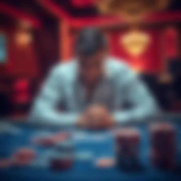 A person sitting at a gambling table with a worried expression, surrounded by chips and cards, reflecting on their losses.
