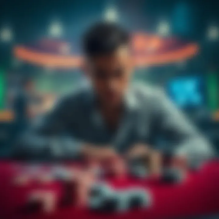 A person with a sad expression sitting at a poker table, surrounded by empty chips and cards, reflecting on their gambling struggles