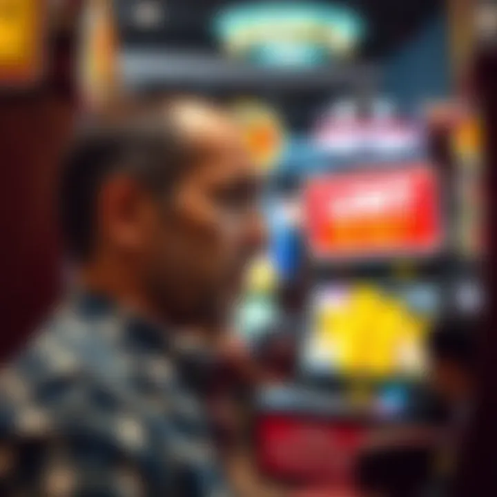 A person shows visible distress at a casino, with slot machines and a lost money sign in the background.