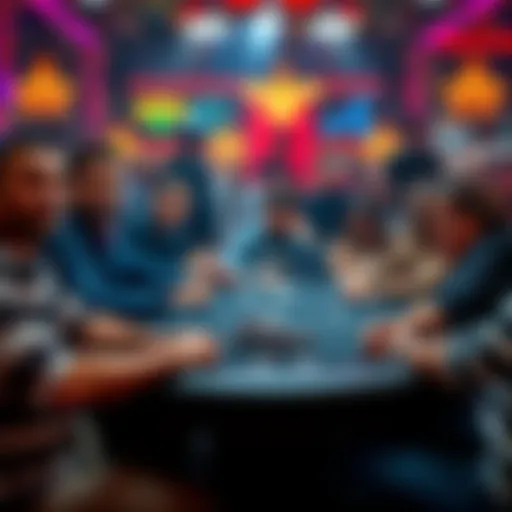 A lively poker table with players of different backgrounds and styles engaged in a game