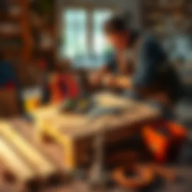 A person assembling a basic portable table using leftover wood parts from a kitchen renovation, showing tools and materials used in the process.