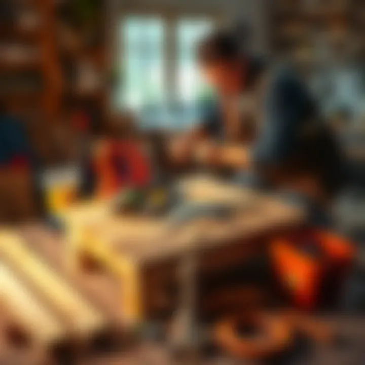 A person assembling a basic portable table using leftover wood parts from a kitchen renovation, showing tools and materials used in the process.