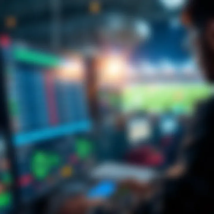 A person placing bets on a digital betting platform with sports graphics in the background