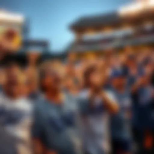 Energetic Dodgers fans in blue and white jerseys cheering passionately at a baseball game