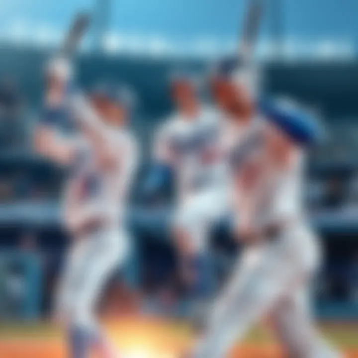 Three Dodgers players celebrating after hitting home runs in the eighth inning during a baseball game