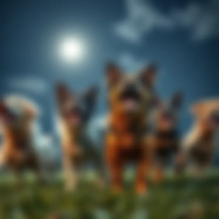 A group of dogs engaging in lively play under the moonlight, showcasing their excitement and energy.