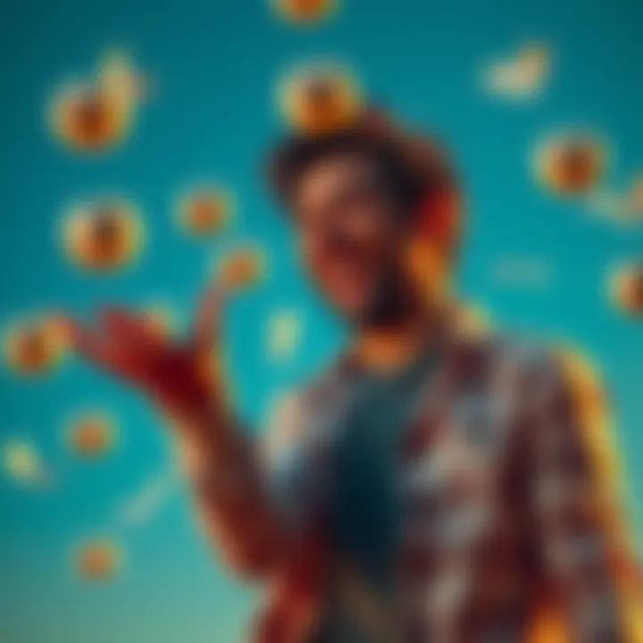 A person laughing while tossing dollar balls into the air, showcasing a lighthearted moment of stress relief.