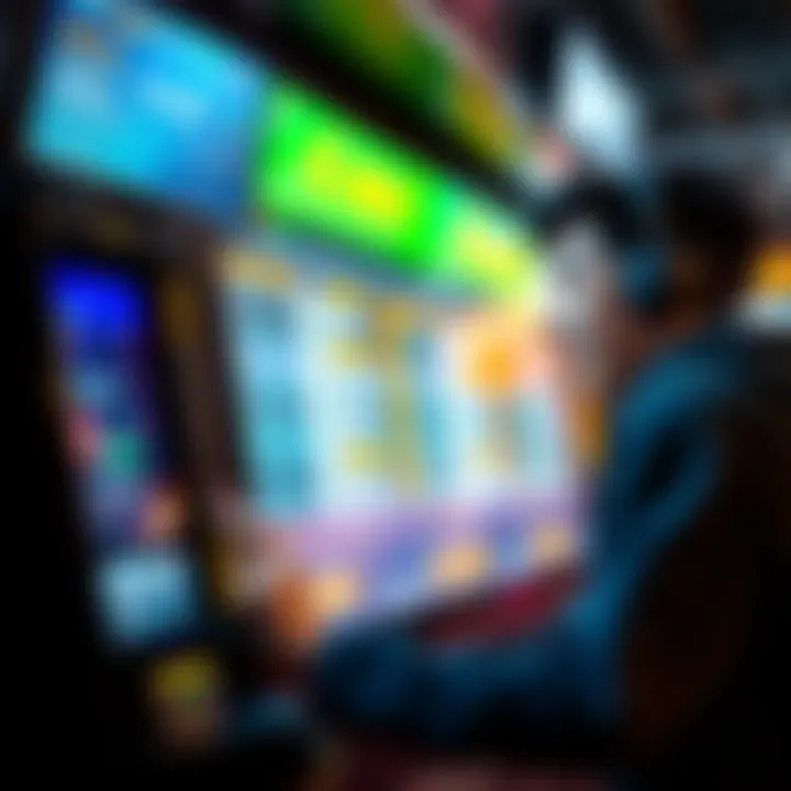Dollar bet on parlays A young person excitedly placing a one dollar bet on a parlay at a sports betting kiosk, with winning odds displayed on a screen.