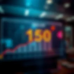 Visual of a currency exchange display showing the dollar at 150, with upward arrows indicating increase