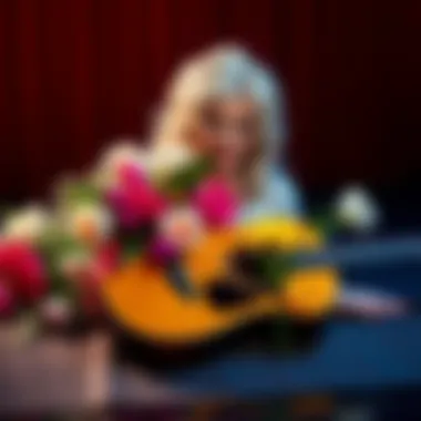 A heartfelt tribute to Dolly Parton with flowers and a guitar, reflecting her influence in country music.