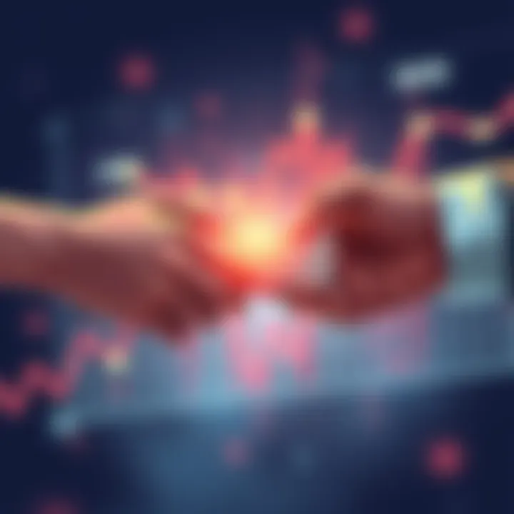 Illustration showing hands exchanging a donation with a graph representing multiscores in the background.