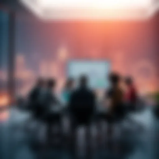 A group of people discussing the impact of Dotd on society and market in 2025 around a table with charts and graphs