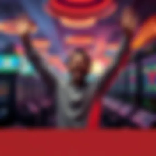 A joyful gambler celebrating a big win with arms raised in excitement, surrounded by casino lights and slot machines.