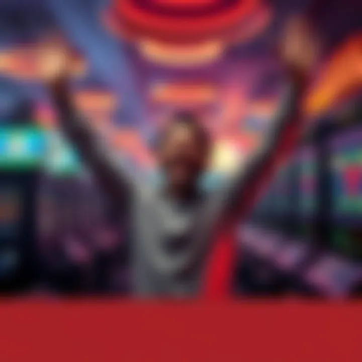 A joyful gambler celebrating a big win with arms raised in excitement, surrounded by casino lights and slot machines.