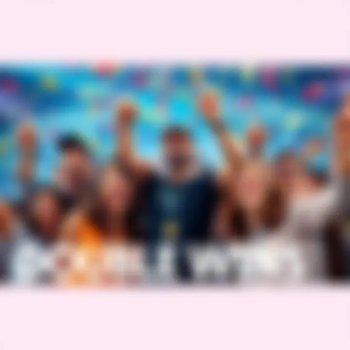 A group of happy people celebrating their consecutive victories with smiles, confetti, and money symbols in the background.