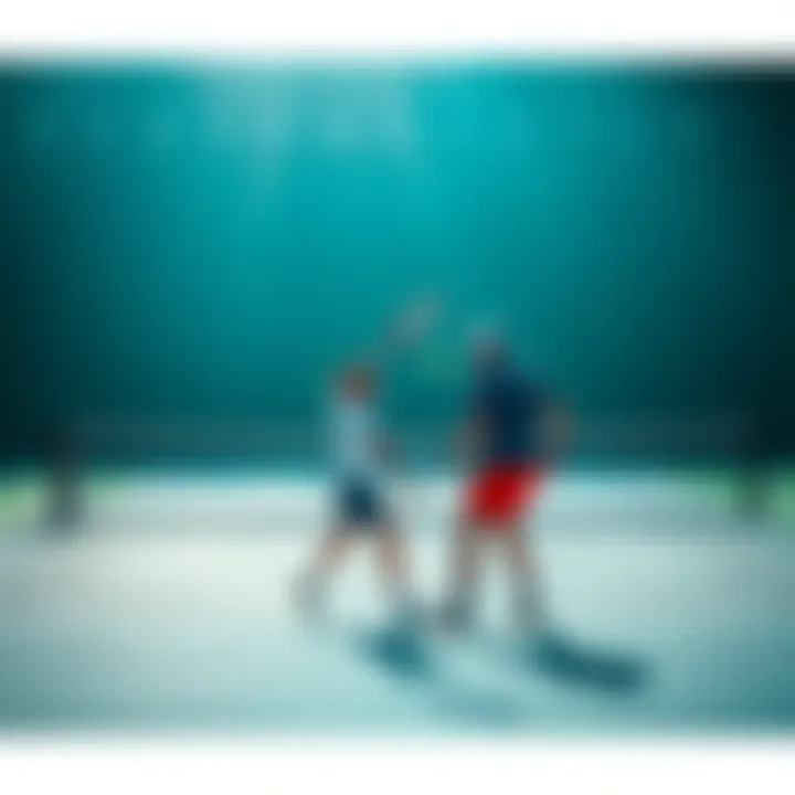 Two players strategize during a doubles tennis match, focusing on teamwork and positioning on the court.