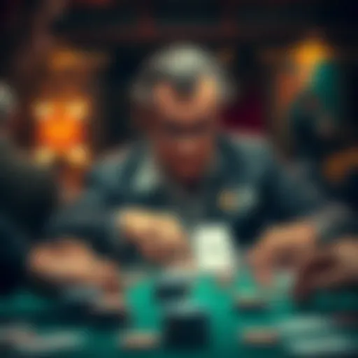 Doyle at a poker table, surrounded by cards and chips, immersed in a game with intense focus