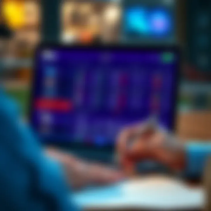 A close-up of a sports betting platform on a laptop screen showing odds and stats. A person is writing notes beside it.