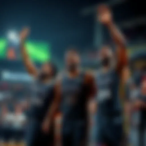 Three basketball players celebrating after winning prizes at the DraftKings event, with a crowd in the background cheering them on.