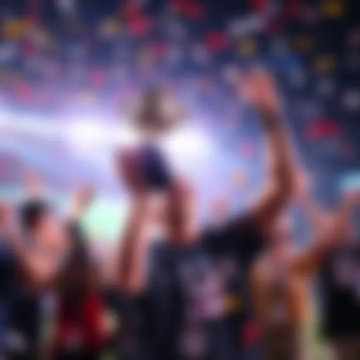 A person celebrating the victory in a DraftKings tournament, holding a trophy with excitement, surrounded by friends and confetti.