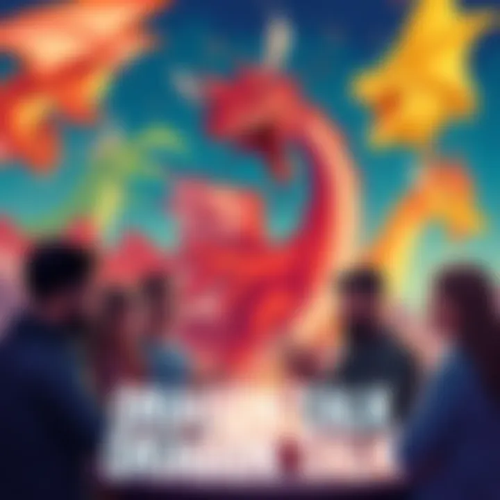A group of people engaged in animated discussion about Dragon Talk, with colorful illustrations of dragons in the background.