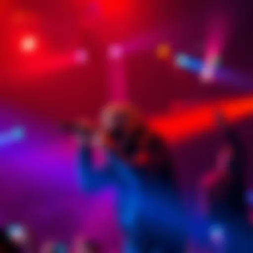 Drake performing during a live streaming event with vibrant lights and a cheering crowd