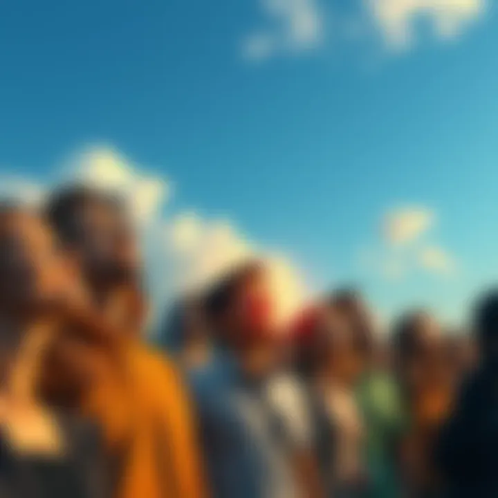 A group of people looking towards the horizon with optimistic expressions, symbolizing their dreams and future possibilities.