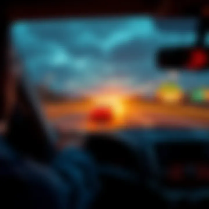 Driving to Casino A person driving a car on a highway towards a casino with bright lights in the distance
