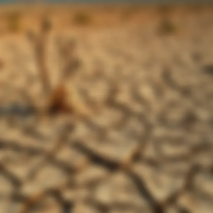 A dry landscape showing cracked earth and wilting plants, highlighting the effects of drought on the community's resources
