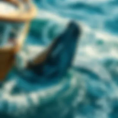 Drunk whale swimming near boat A whale appearing tipsy, swimming close to a boat with its fins outstretched, creating waves around it.