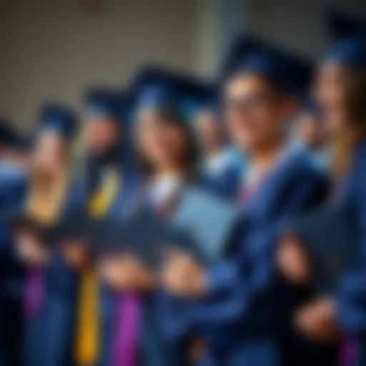 A group of graduates wearing caps and gowns, smiling and holding diplomas at a graduation ceremony
