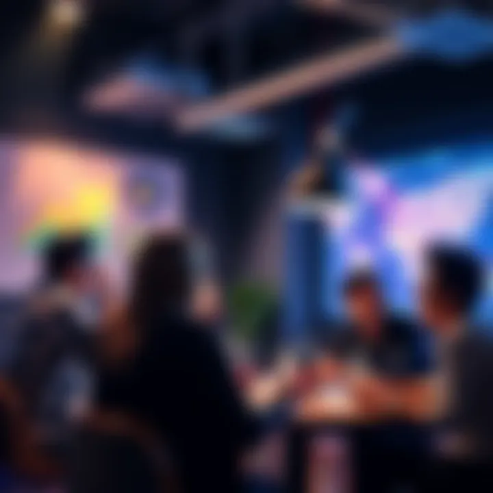 A group of people engaged in a lively discussion about the latest strategies at Dub Club, with charts and graphics in the background.