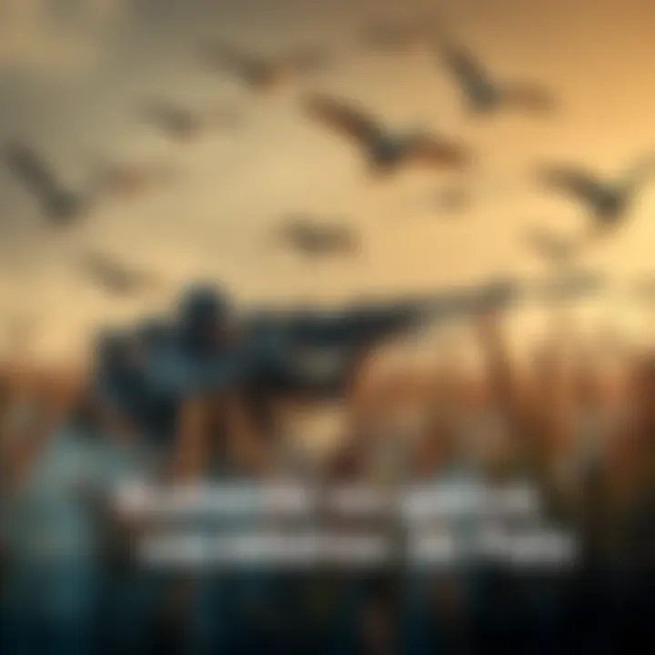 A group of duck hunters in a marsh, aiming their rifles at flying ducks, surrounded by reeds.