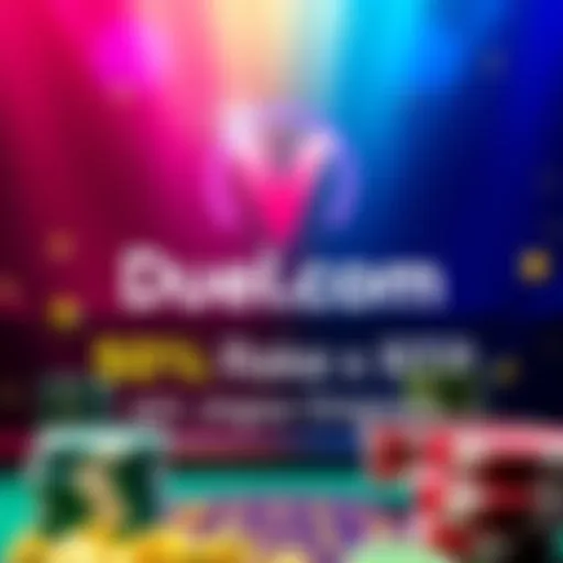 A colorful graphic showcasing the Duel.com logo with highlights of 50% rakeback and 100% RTP on original games, attracting online gamblers.