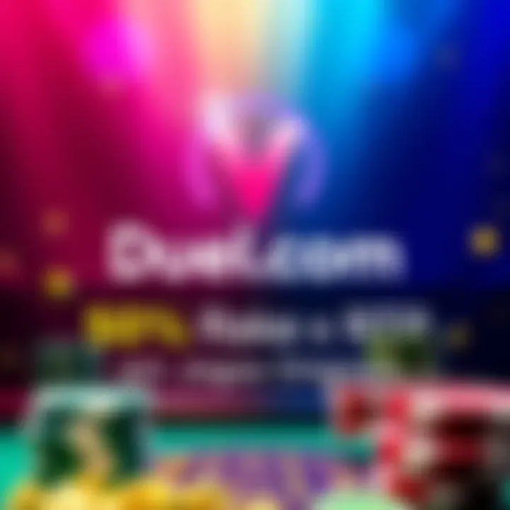 A colorful graphic showcasing the Duel.com logo with highlights of 50% rakeback and 100% RTP on original games, attracting online gamblers.