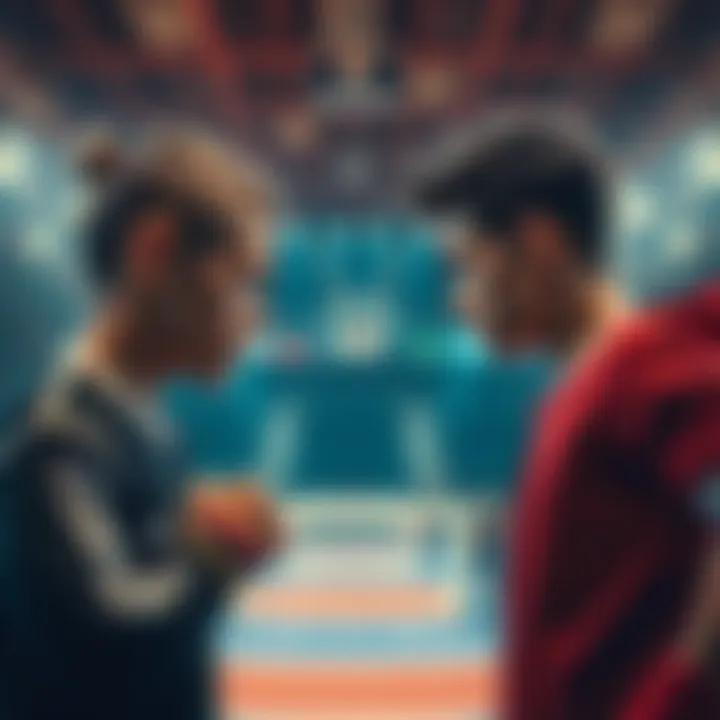 Two competitors facing off in a sports arena, showcasing determination and focus.